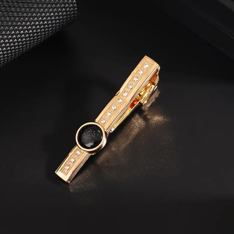 Gold Copper Tie Clip with Black Rhinestone