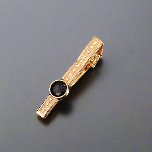 Gold Copper Tie Clip with Black Rhinestone