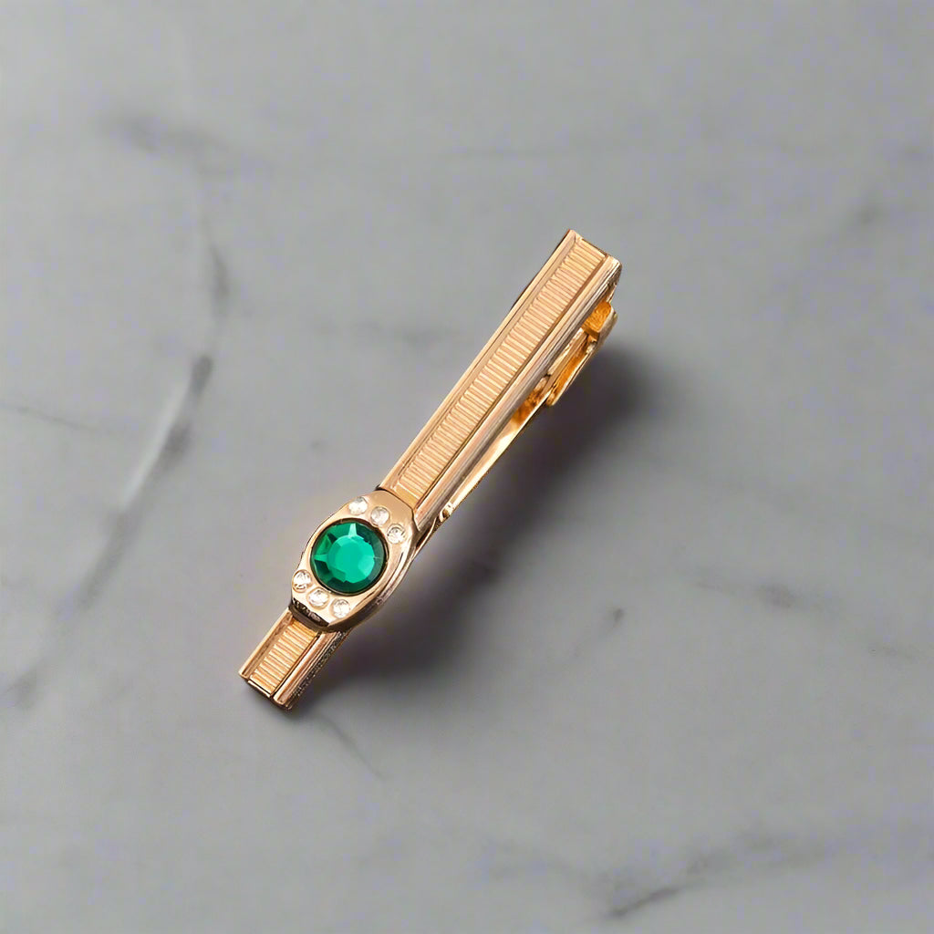 Gold Copper Tie Clip with Green Rhinestone