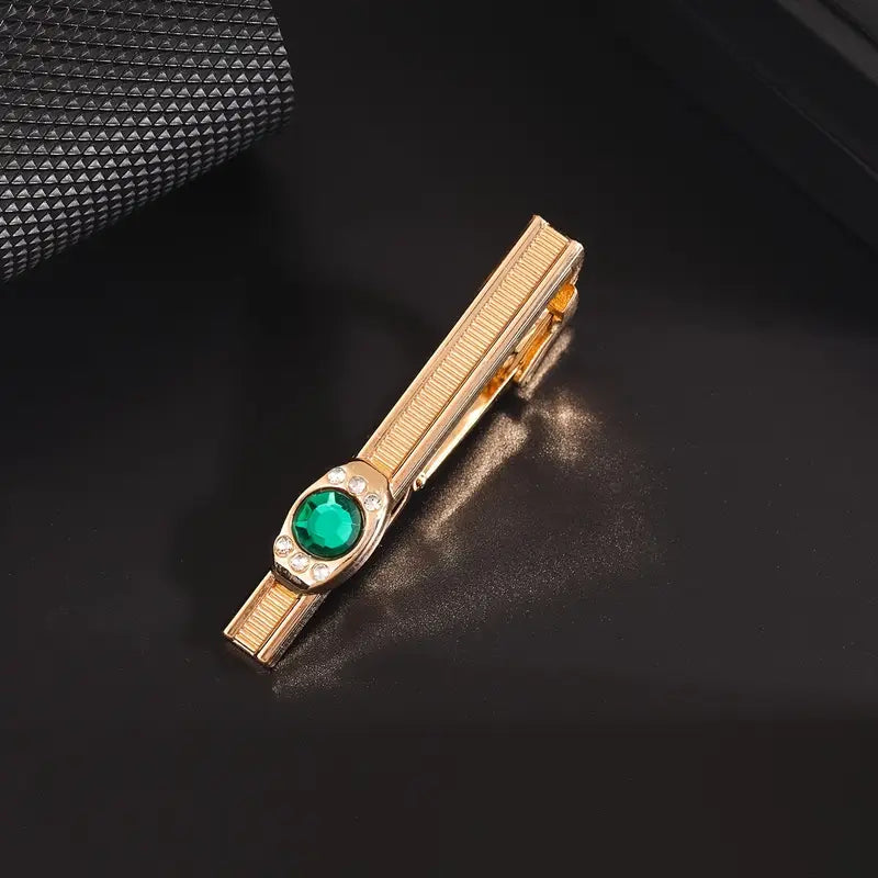 Gold Copper Tie Clip with Green Rhinestone