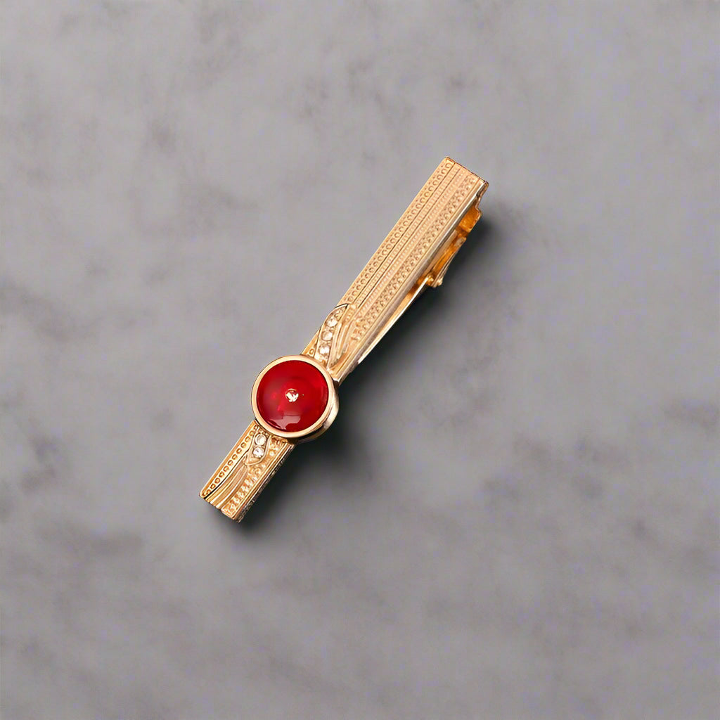 Gold Copper Tie Clip with Red Rhinestone